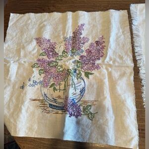 Antique Vintage Hand Embroidered Vase of Lilacs Ready to Frame or Pillow!